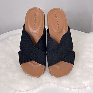 LUCKY BRAND Women's Sieko Boho Flat Sandal Black Ergonomic Comfort Slides 8 New